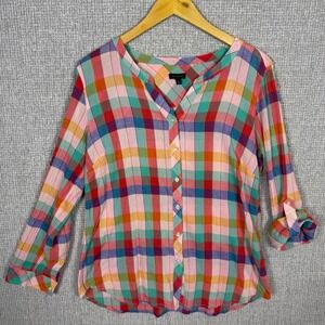 Talbots Sz M Madras Plaid Button-Up Top Colorful 3/4 Roll‎ Tab Sleeve Blouse